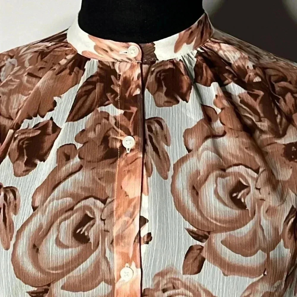 Express Floral Abstract Print Multicolor Ruffle Button Front Sheer Blouse Size S - Picture 4 of 8